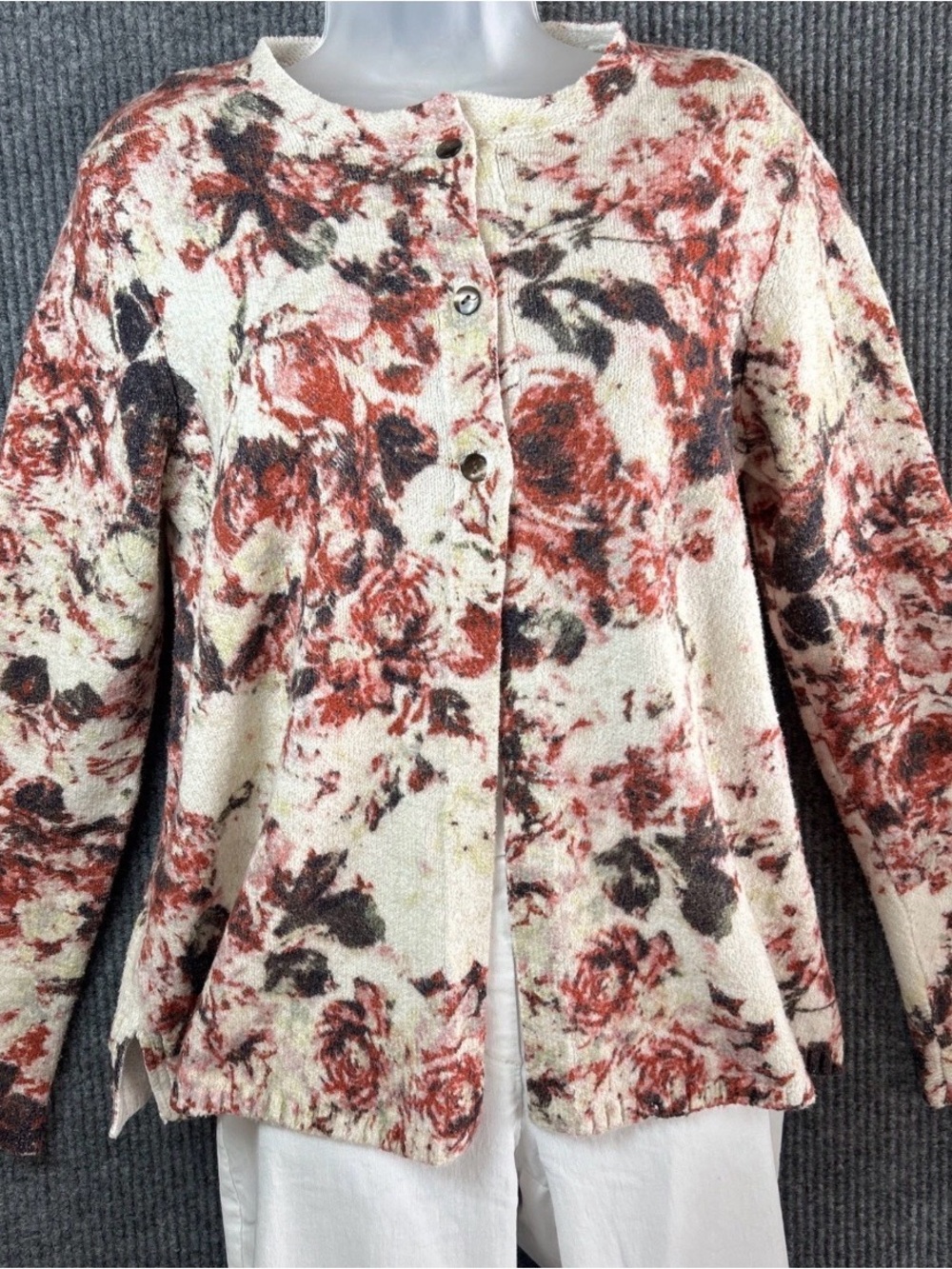 J. Jill Plush Floral Cardigan Sweater Women’s Size S Roses Bohemian Flyaway Hem